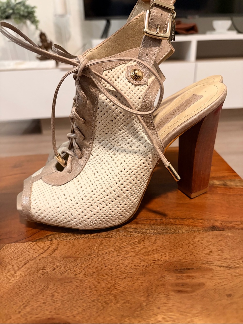 Lace-Up Beige and White Open-Toe Block Heel Sandals